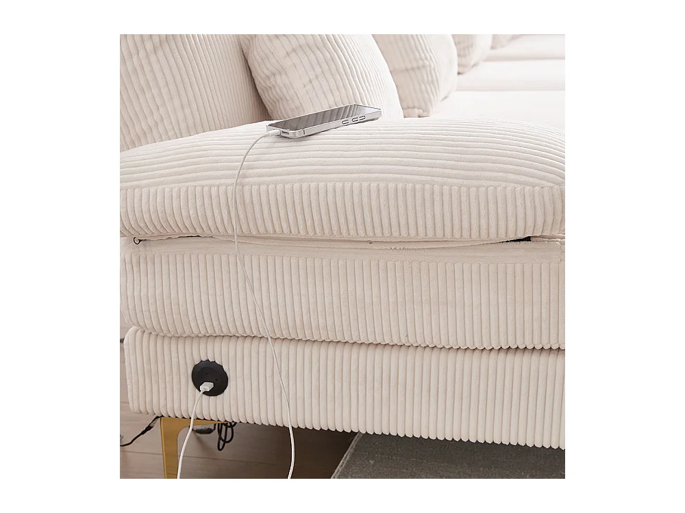 Canapé d'angle moderne éclairage LED port USB-C structure bois massif 4 coussins dossier ergonomique confort maximal beige