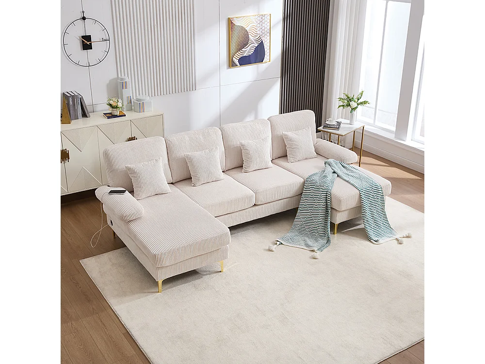 Canapé d'angle moderne éclairage LED port USB-C structure bois massif 4 coussins dossier ergonomique confort maximal beige