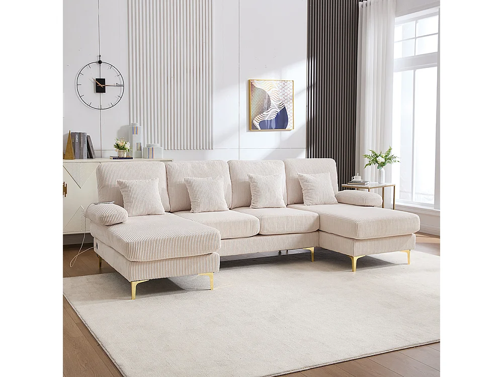 Canapé d'angle moderne éclairage LED port USB-C structure bois massif 4 coussins dossier ergonomique confort maximal beige