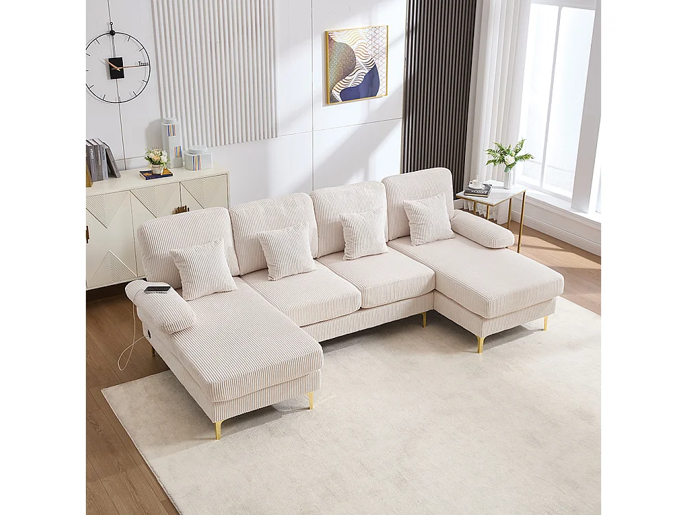 Canapé d'angle moderne éclairage LED port USB-C structure bois massif 4 coussins dossier ergonomique confort maximal beige