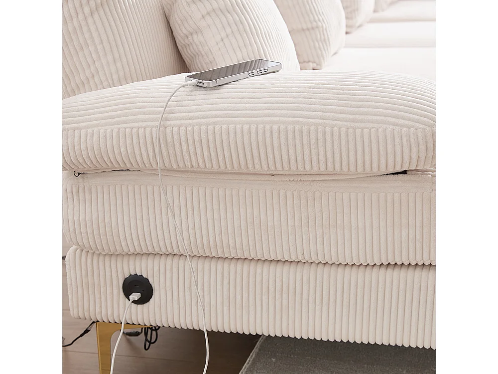 Canapé d'angle moderne éclairage LED port USB-C structure bois massif 4 coussins dossier ergonomique confort maximal beige