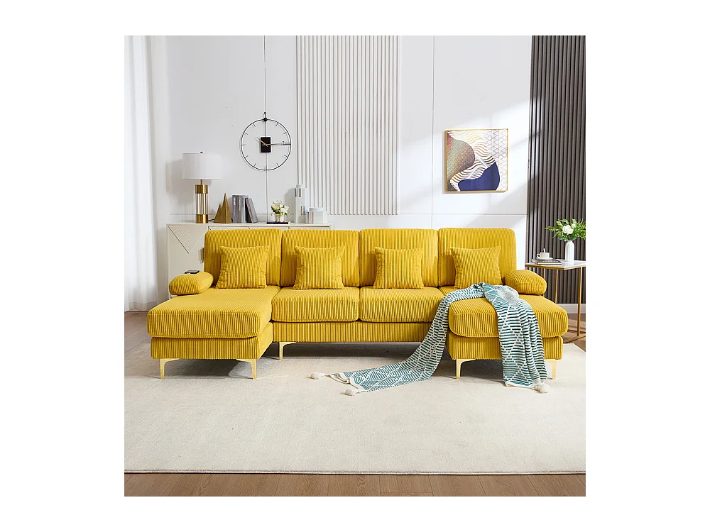Canapé d'angle moderne éclairage LED port USB-C structure bois massif 4 coussins dossier ergonomique confort maximal jaune