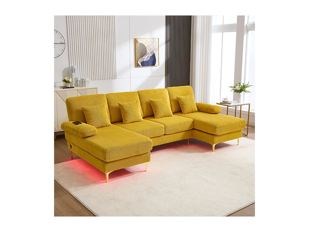 Canapé d'angle moderne éclairage LED port USB-C structure bois massif 4 coussins dossier ergonomique confort maximal jaune