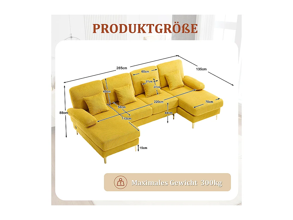 Canapé d'angle moderne éclairage LED port USB-C structure bois massif 4 coussins dossier ergonomique confort maximal jaune