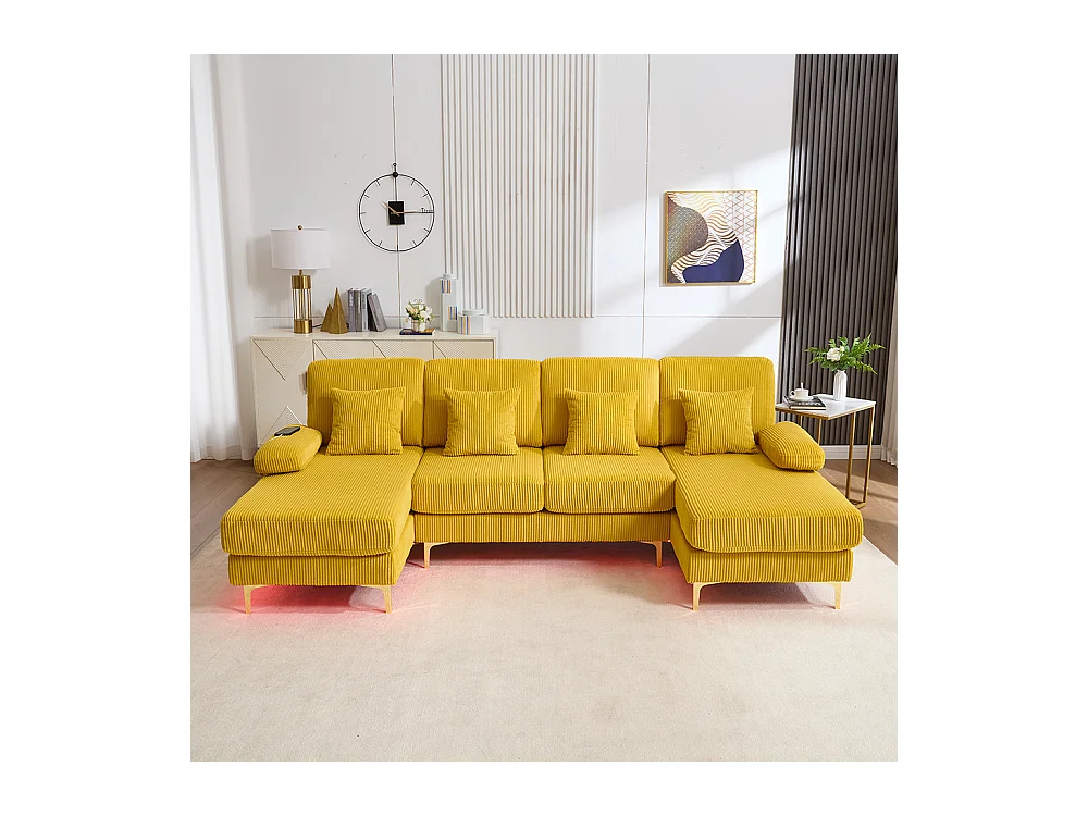 Canapé d'angle moderne éclairage LED port USB-C structure bois massif 4 coussins dossier ergonomique confort maximal jaune