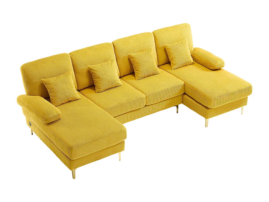 Canapé d'angle moderne éclairage LED port USB-C structure bois massif 4 coussins dossier ergonomique confort maximal jaune