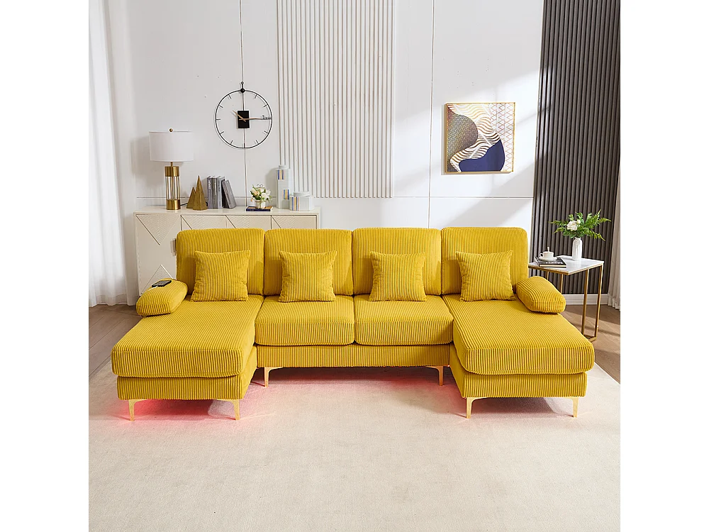 Canapé d'angle moderne éclairage LED port USB-C structure bois massif 4 coussins dossier ergonomique confort maximal jaune