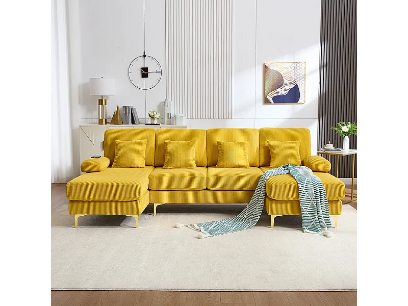 Canapé d'angle moderne éclairage LED port USB-C structure bois massif 4 coussins dossier ergonomique confort maximal jaune