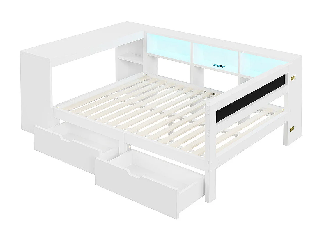 Lit combiné bois 140x200 rangements tiroirs station recharge tête lit rembourrée lumières LED blanc