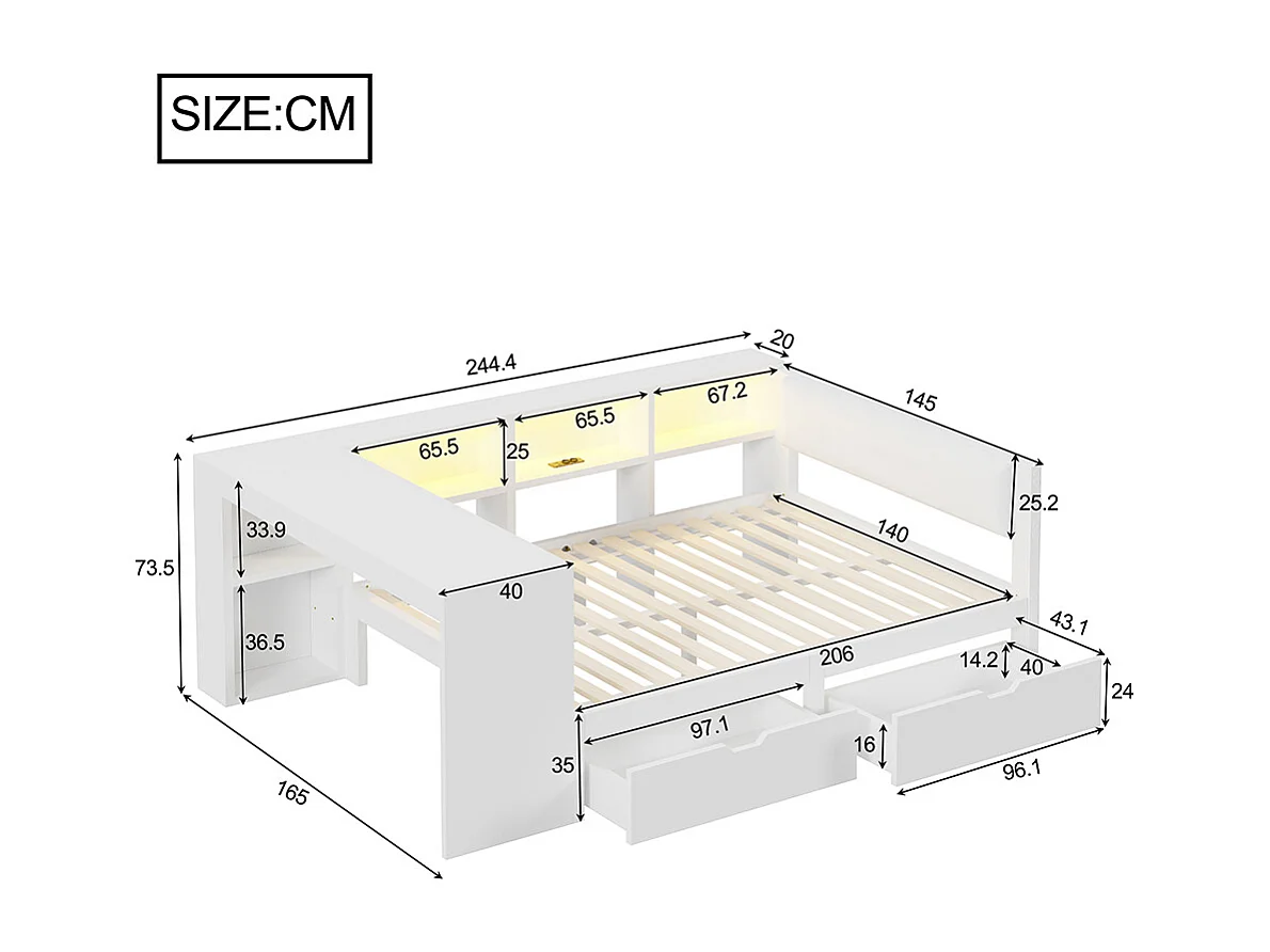 Lit combiné bois 140x200 rangements tiroirs station recharge tête lit rembourrée lumières LED blanc