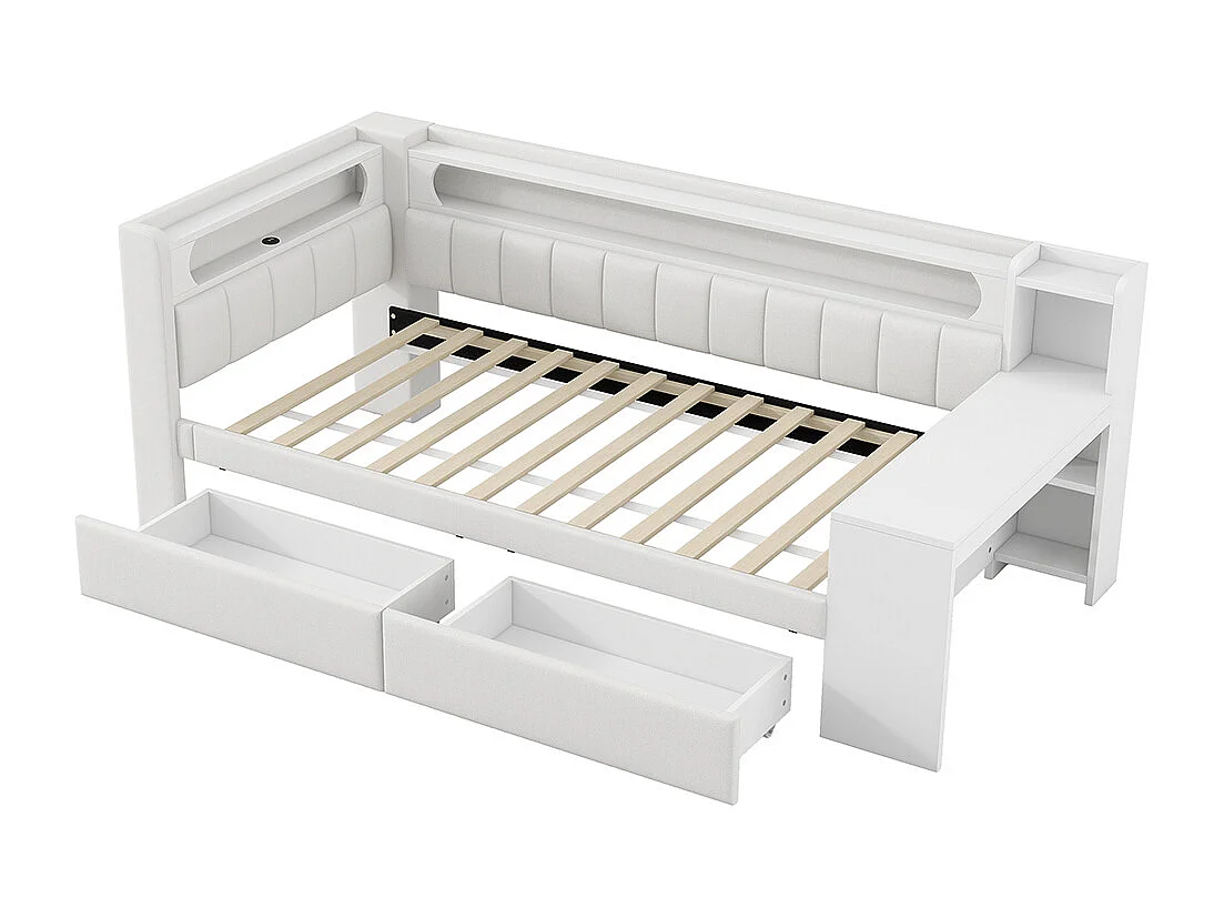 Lit combiné rembourré 90x200 ports USB bande LED bureau 2 tiroirs blanc