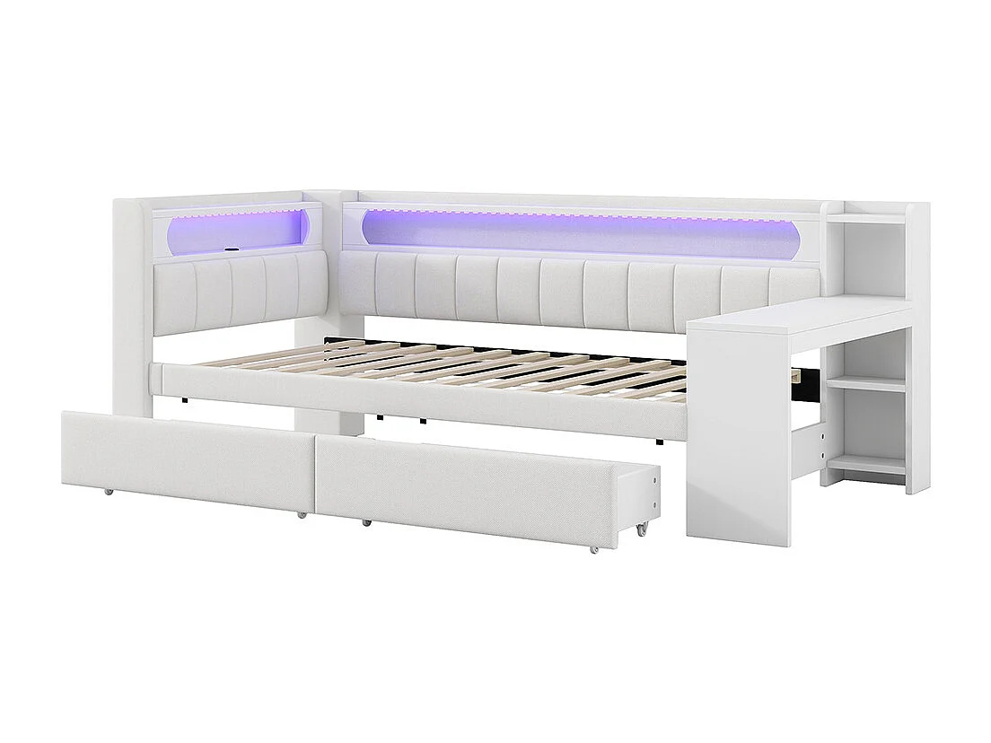 Lit combiné rembourré 90x200 ports USB bande LED bureau 2 tiroirs blanc