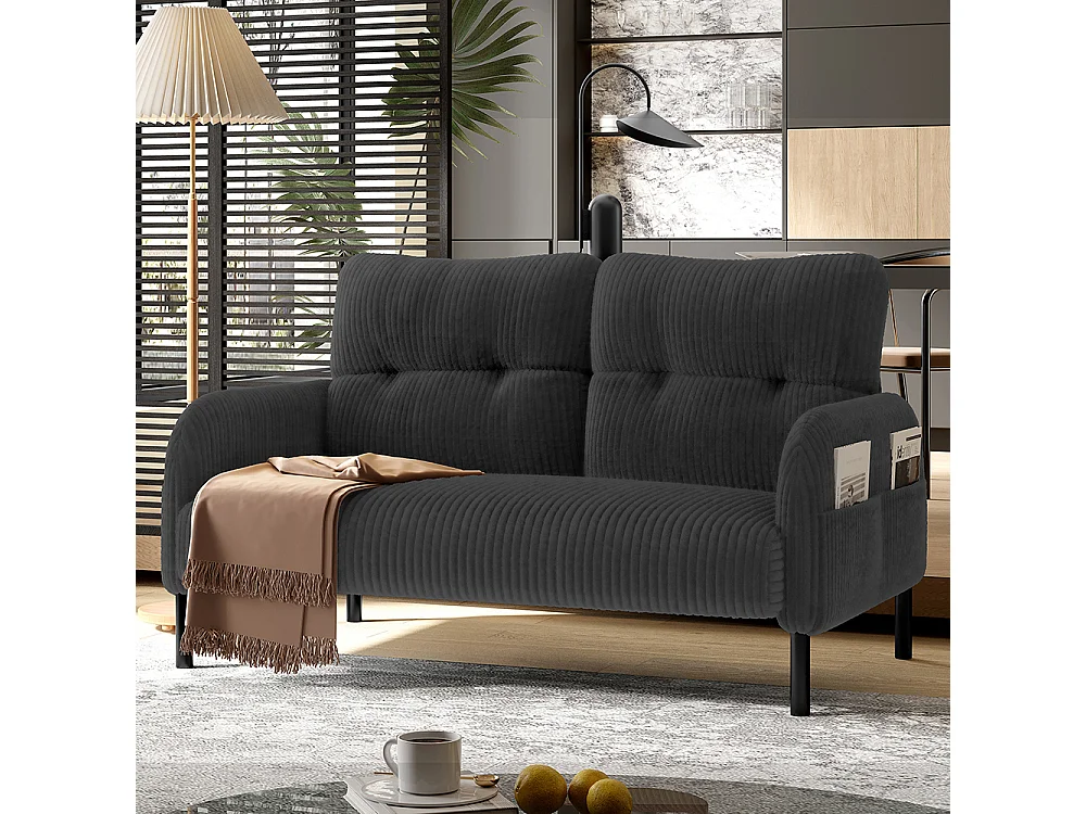 Tweepersoonsbank van corduroy comfortabele vulling hoge rugleuning zijvakken metalen poten kantoor huis grijs