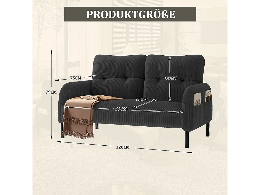 Tweepersoonsbank van corduroy comfortabele vulling hoge rugleuning zijvakken metalen poten kantoor huis grijs