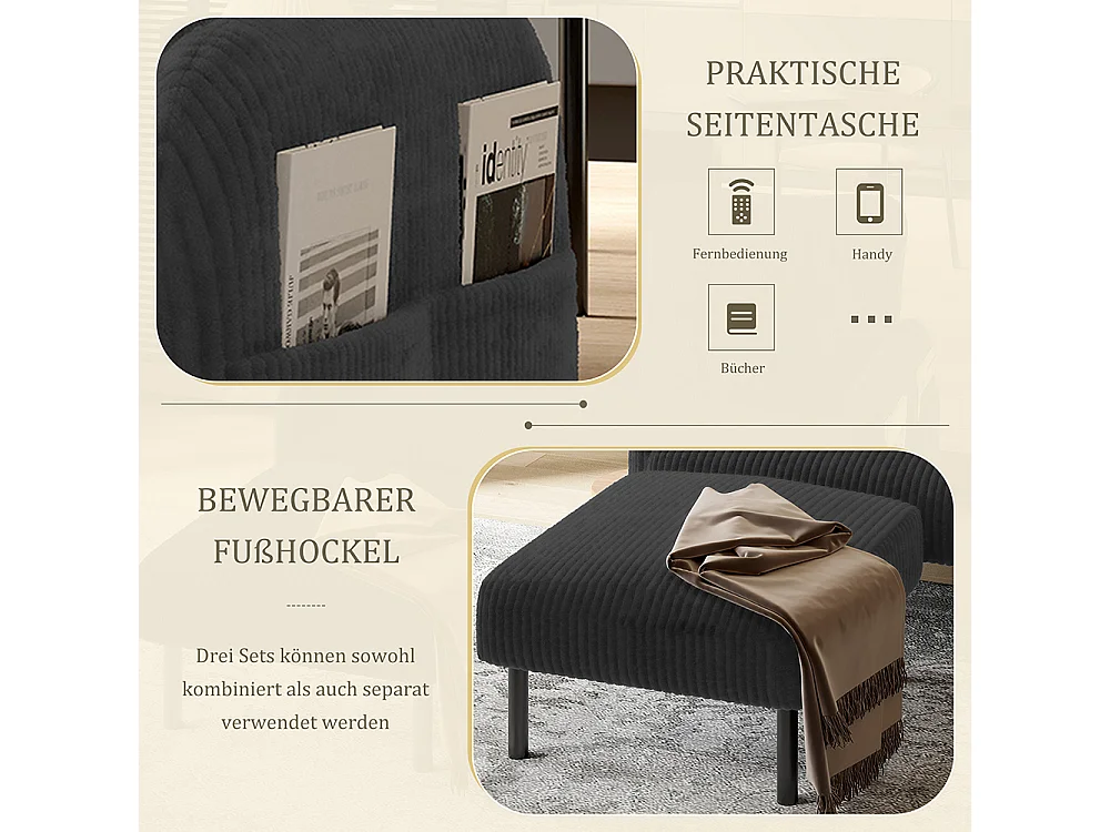 Tweepersoonsbank van corduroy comfortabele vulling hoge rugleuning zijvakken metalen poten kantoor huis grijs