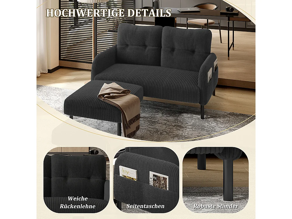 Tweepersoonsbank van corduroy comfortabele vulling hoge rugleuning zijvakken metalen poten kantoor huis grijs