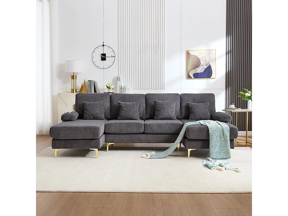 Moderne hoekbank met ledverlichting USB-C-poort massief houten frame 4 kussens ergonomische rugleuning maximaal comfort grijs