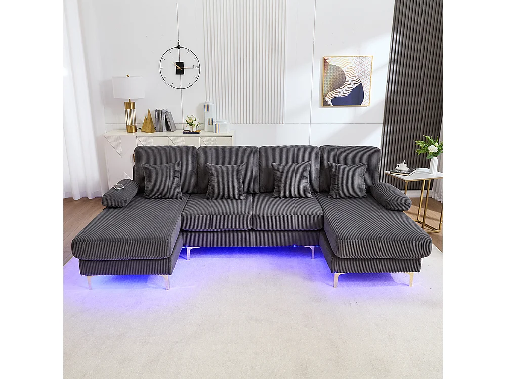 Moderne hoekbank met ledverlichting USB-C-poort massief houten frame 4 kussens ergonomische rugleuning maximaal comfort grijs