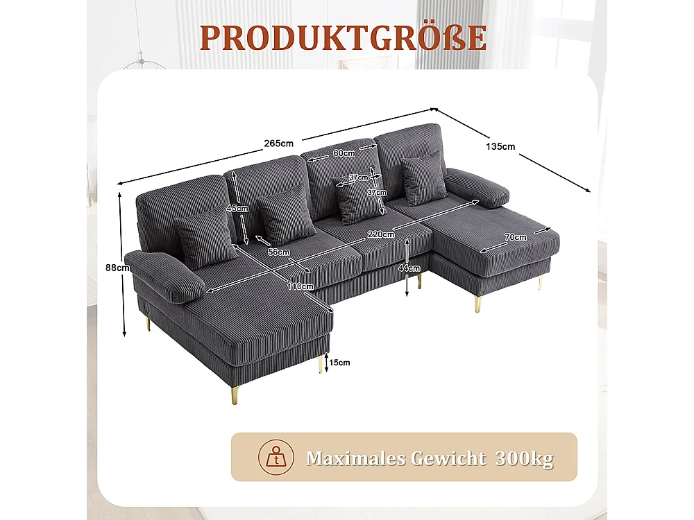 Moderne hoekbank met ledverlichting USB-C-poort massief houten frame 4 kussens ergonomische rugleuning maximaal comfort grijs