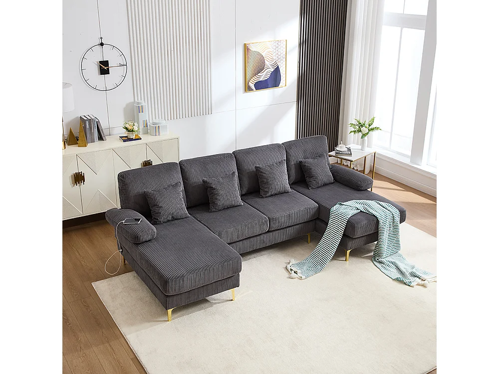 Moderne hoekbank met ledverlichting USB-C-poort massief houten frame 4 kussens ergonomische rugleuning maximaal comfort grijs