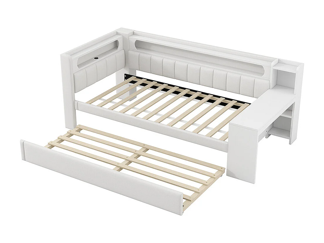 Lit combiné rembourré 90x200 ports USB bande LED lit gigogne bureau blanc