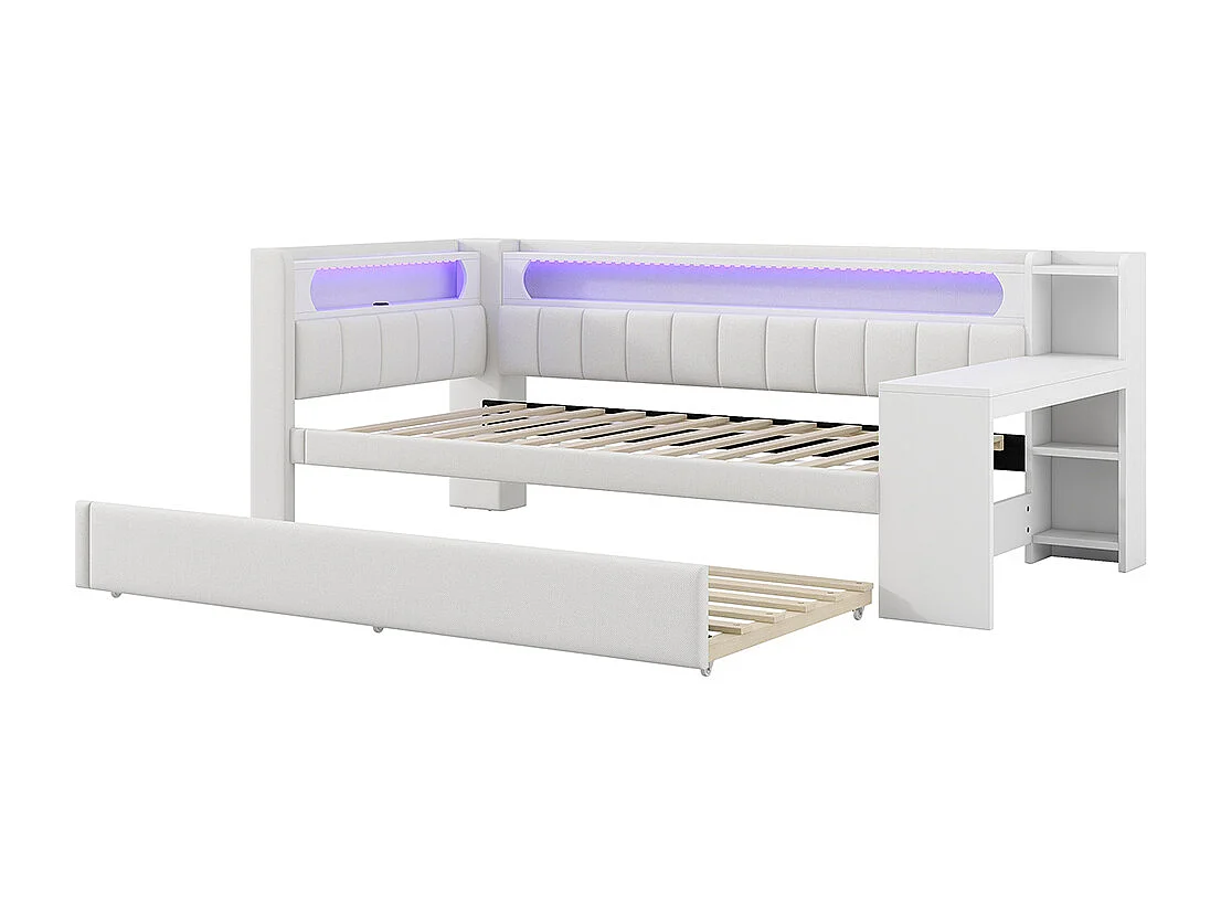 Lit combiné rembourré 90x200 ports USB bande LED lit gigogne bureau blanc