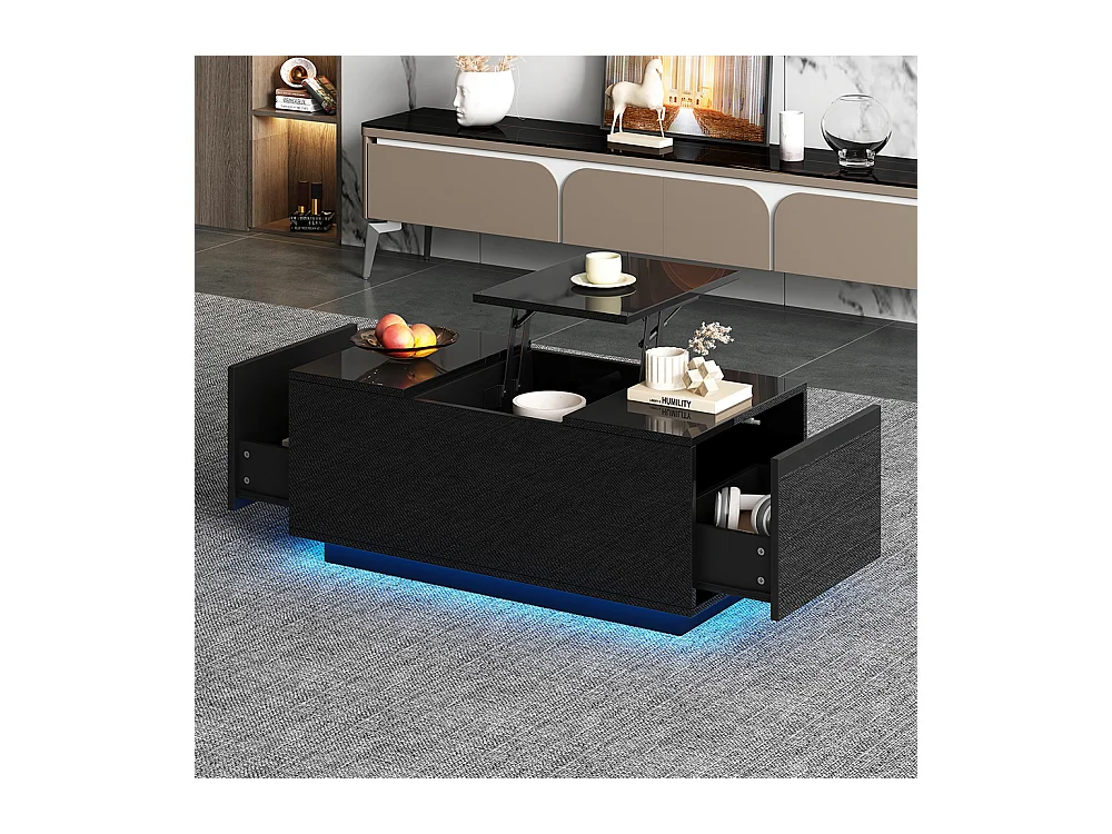 Table basse relevable 95x48x40 cm noir plateau réglable LED extensible 2 tiroirs