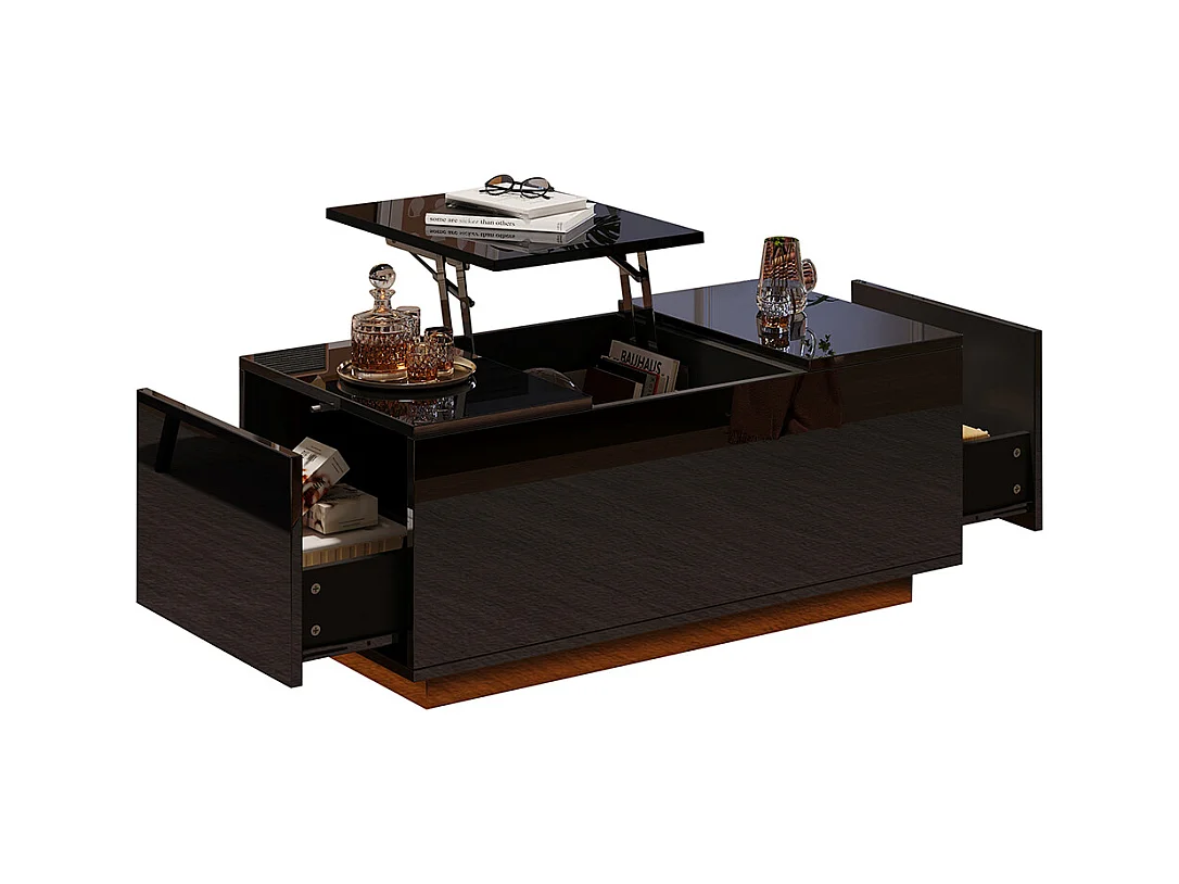 Table basse relevable 95x48x40 cm noir plateau réglable LED extensible 2 tiroirs