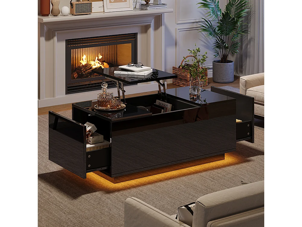 Table basse relevable 95x48x40 cm noir plateau réglable LED extensible 2 tiroirs