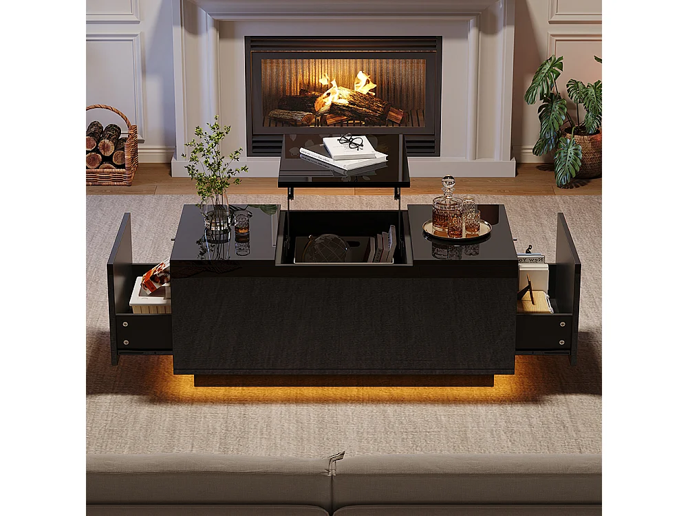 Table basse relevable 95x48x40 cm noir plateau réglable LED extensible 2 tiroirs