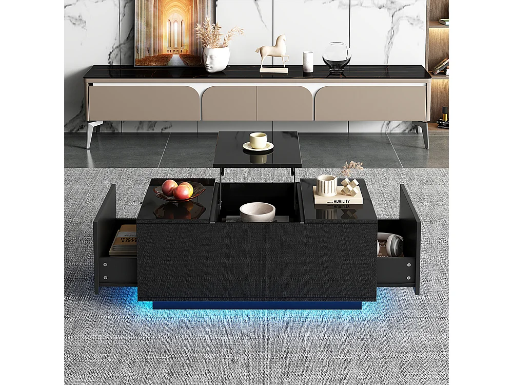 Table basse relevable 95x48x40 cm noir plateau réglable LED extensible 2 tiroirs