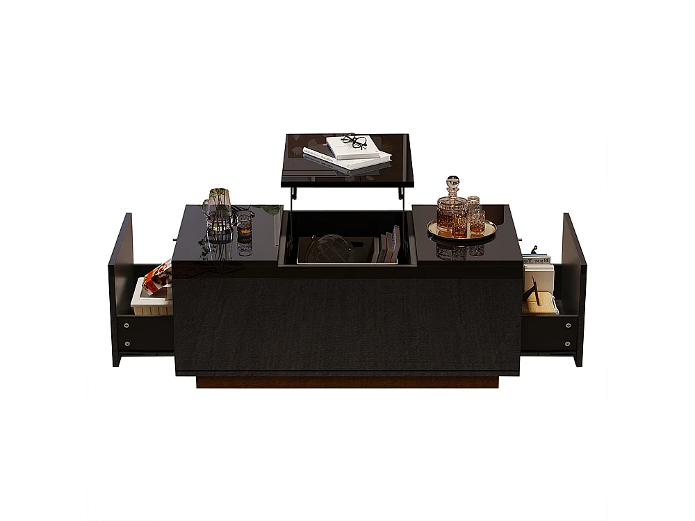 Table basse relevable 95x48x40 cm noir plateau réglable LED extensible 2 tiroirs