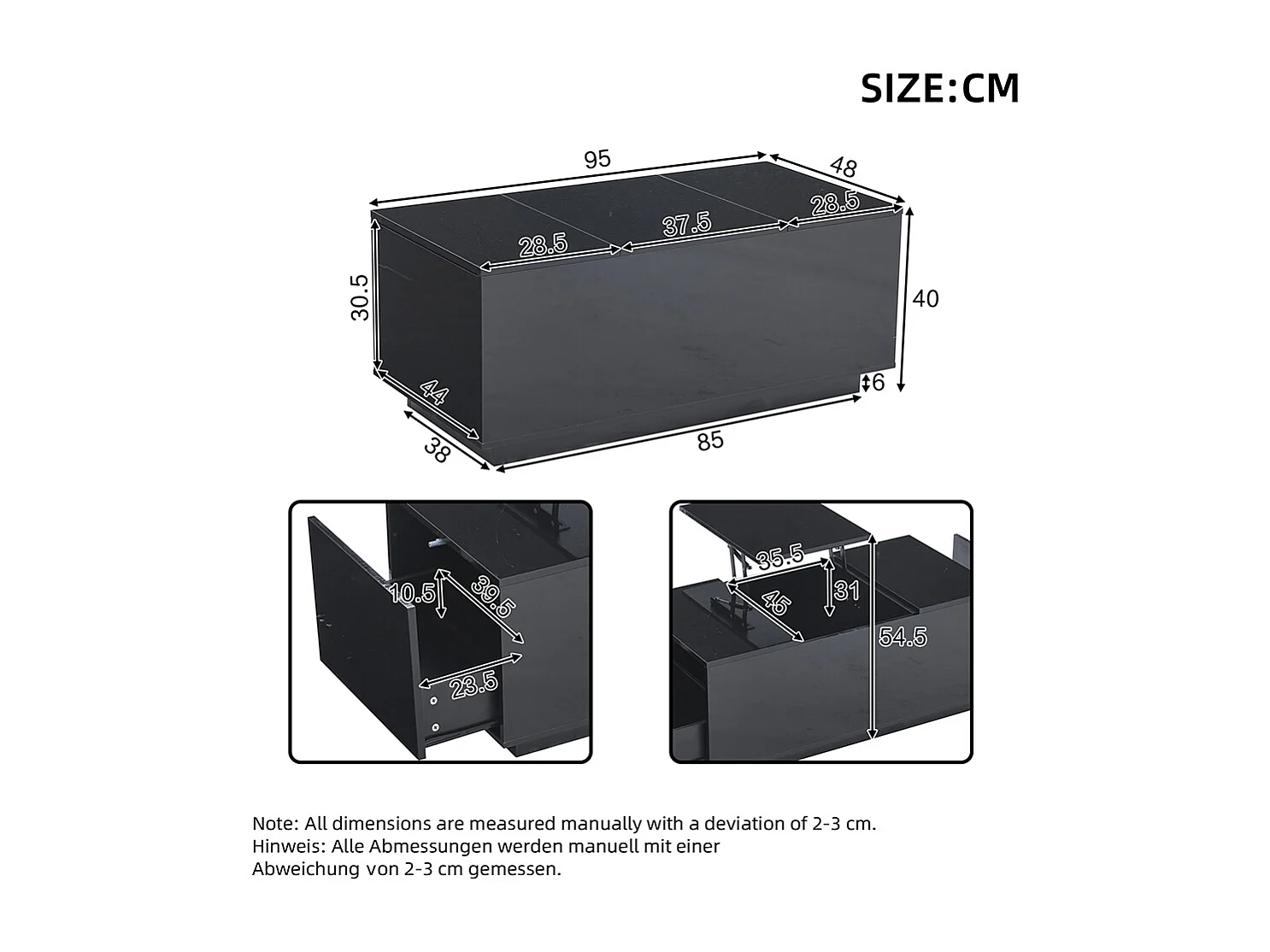 Table basse relevable 95x48x40 cm noir plateau réglable LED extensible 2 tiroirs