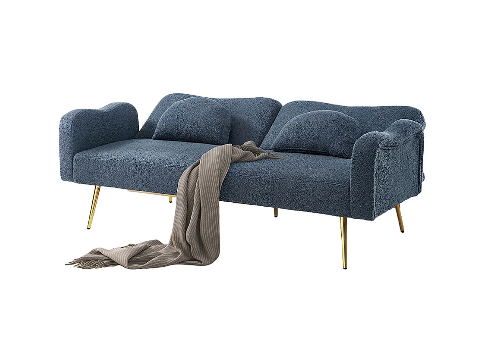 Canapé bleu convertible deux places lit dossier réglable pieds métalliques dorés multifonctionnel 2 en 1