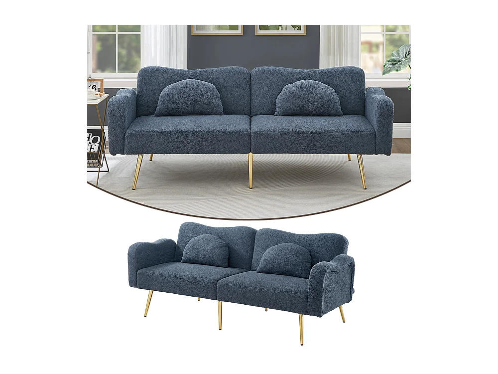 Canapé bleu convertible deux places lit dossier réglable pieds métalliques dorés multifonctionnel 2 en 1