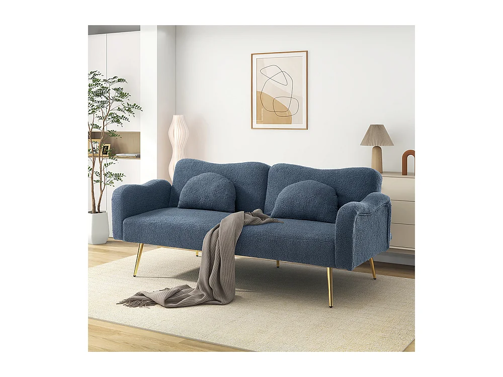 Canapé bleu convertible deux places lit dossier réglable pieds métalliques dorés multifonctionnel 2 en 1