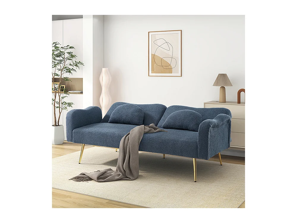 Canapé bleu convertible deux places lit dossier réglable pieds métalliques dorés multifonctionnel 2 en 1