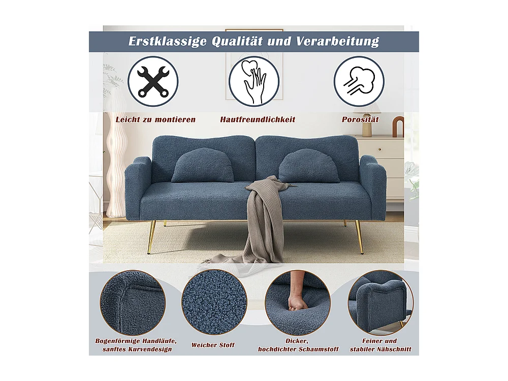 Canapé bleu convertible deux places lit dossier réglable pieds métalliques dorés multifonctionnel 2 en 1