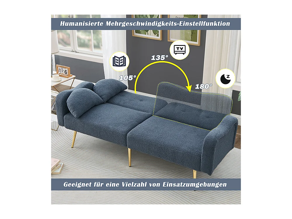 Canapé bleu convertible deux places lit dossier réglable pieds métalliques dorés multifonctionnel 2 en 1