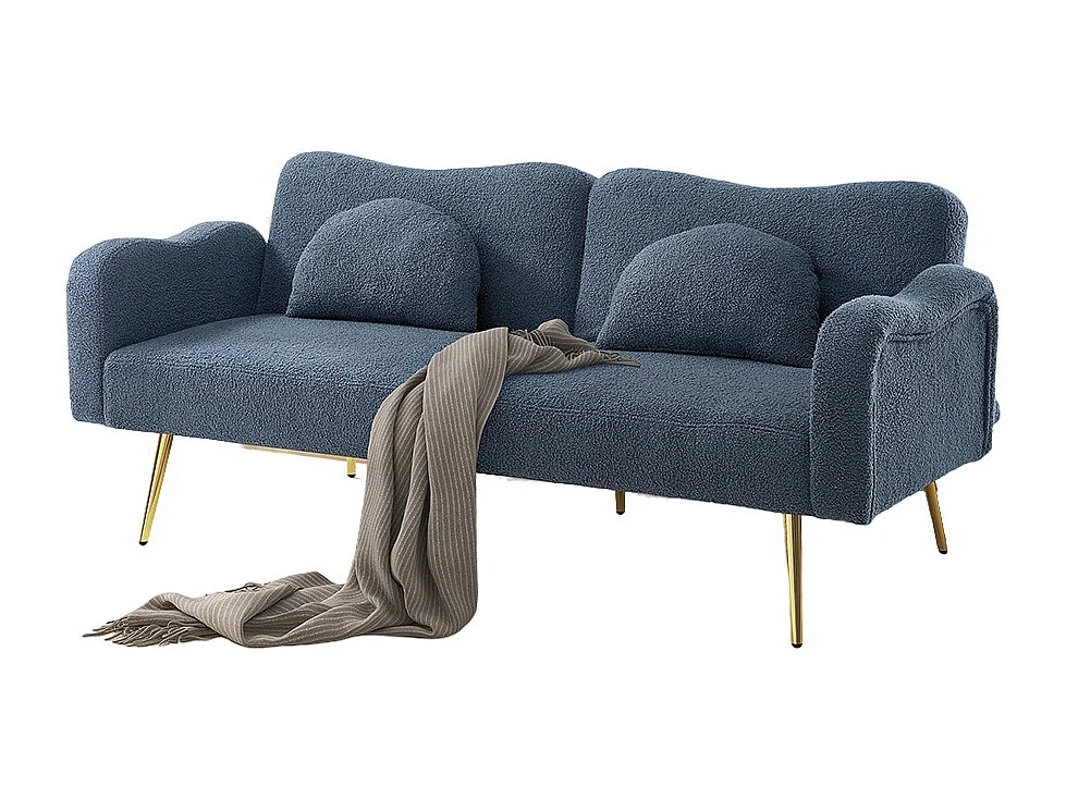 Canapé bleu convertible deux places lit dossier réglable pieds métalliques dorés multifonctionnel 2 en 1