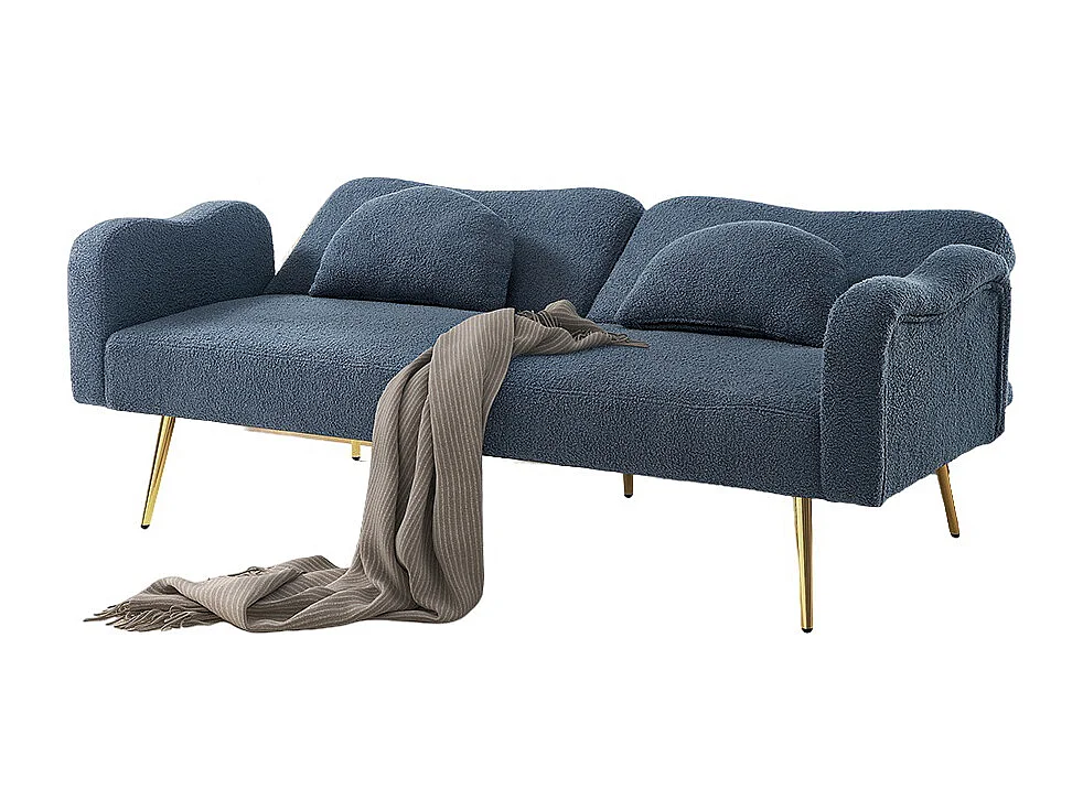 Canapé bleu convertible deux places lit dossier réglable pieds métalliques dorés multifonctionnel 2 en 1