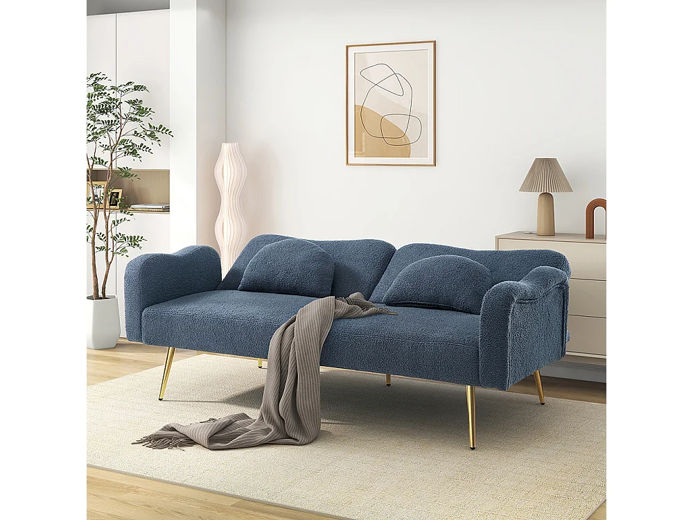 Canapé bleu convertible deux places lit dossier réglable pieds métalliques dorés multifonctionnel 2 en 1