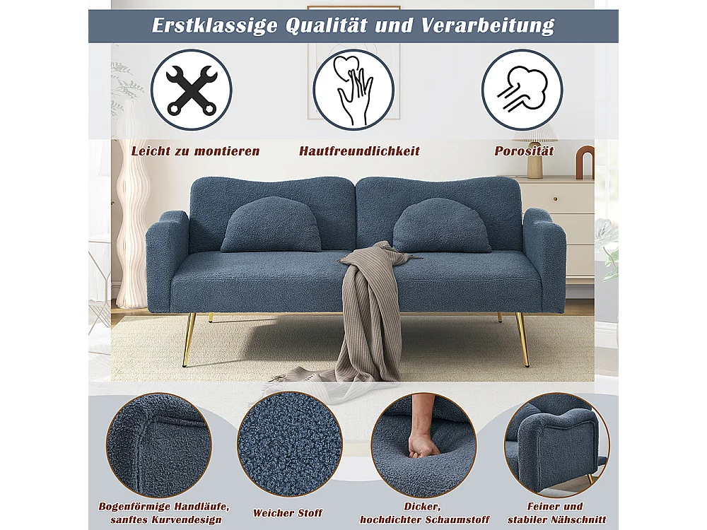 Canapé bleu convertible deux places lit dossier réglable pieds métalliques dorés multifonctionnel 2 en 1