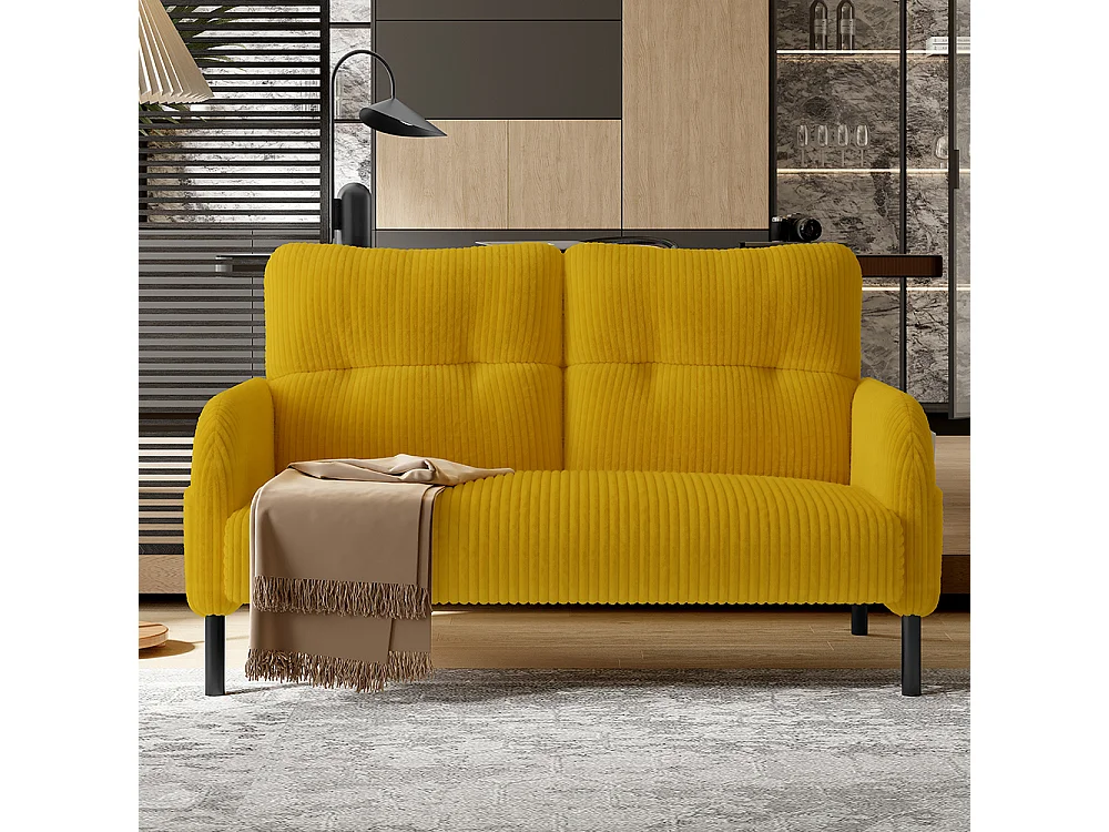 Tweepersoonsbank corduroy comfortabele vulling hoge rugleuning zijvakken metalen poten kantoor huis geel