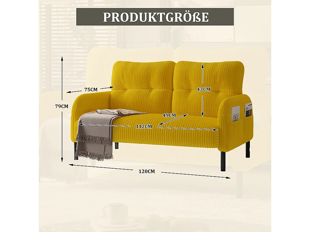 Tweepersoonsbank corduroy comfortabele vulling hoge rugleuning zijvakken metalen poten kantoor huis geel