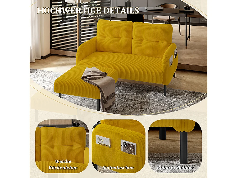 Canapé deux places velours côtelé rembourrage confortable dossier haut poches latérales pieds métal bureau maison jaune