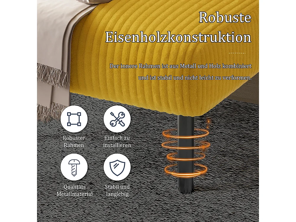 Canapé deux places velours côtelé rembourrage confortable dossier haut poches latérales pieds métal bureau maison jaune