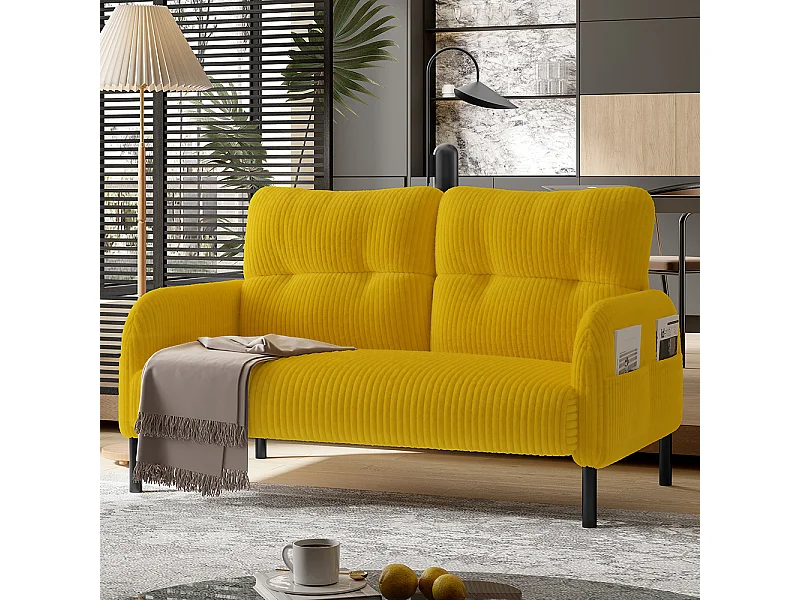 Canapé deux places velours côtelé rembourrage confortable dossier haut poches latérales pieds métal bureau maison jaune