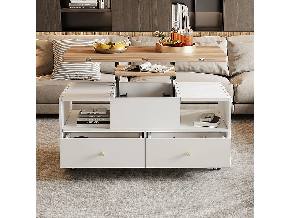 Table basse réglable rabattable 100x50x47 cm 4 tiroirs roulettes hydraulique