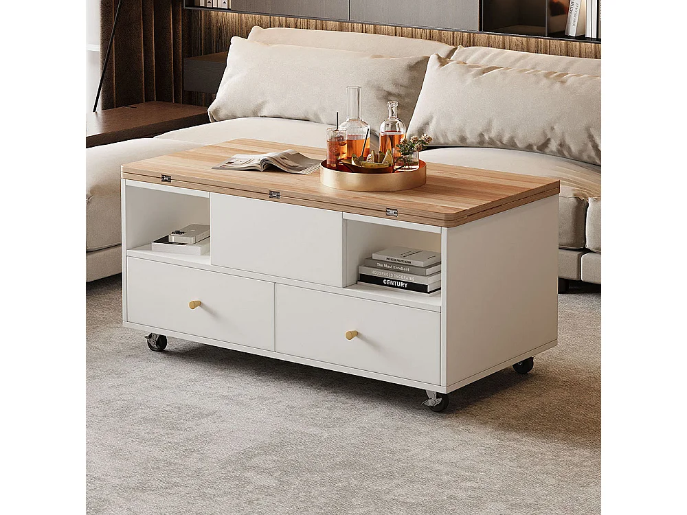 Table basse réglable rabattable 100x50x47 cm 4 tiroirs roulettes hydraulique